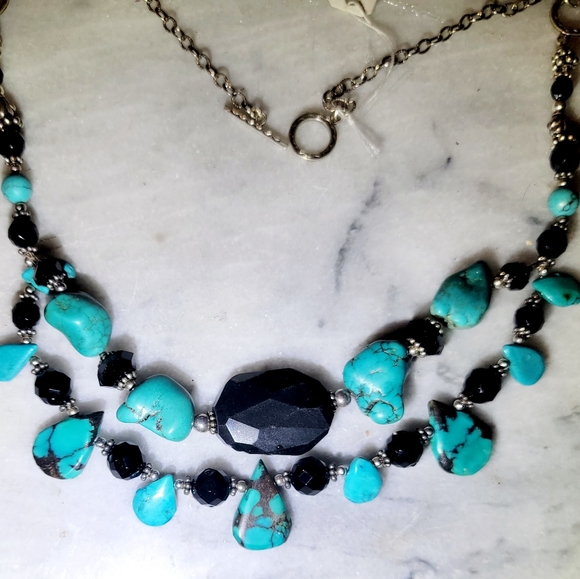 Turquoise Onyx Sterling 925 Necklace 21.25" - Picture 2 of 6